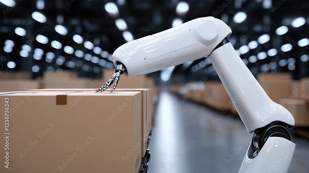 Poster a robotic arm is seen packaging boxes in a warehouse setting, highlighting automation and efficiency