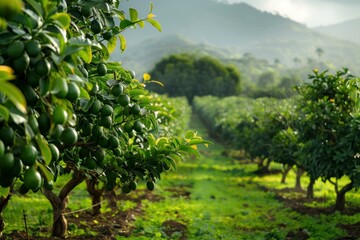 Fototapeta premium Rows of lime trees growing in an orchard with a lush green landscape