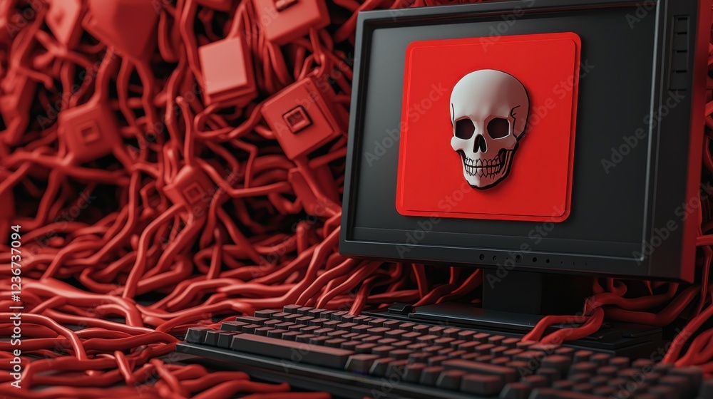 Aufkleber computer system vulnerability with skull symbol and red cables