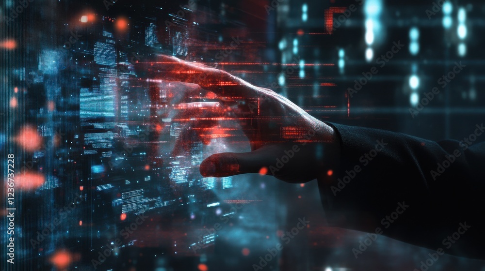 Poster big data analysis and analytics concept with businessman hand touching digital screen with statistic