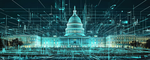 US Capitol Surrounded by Digital Information and AI Elements
