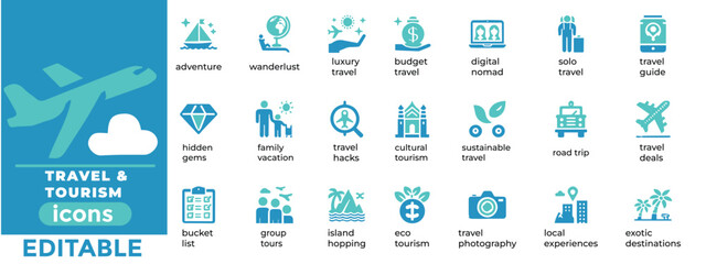 Travel and Tourism vector icons editable, high quality, and scalable! Perfect for apps, websites, brochures, and branding.eps