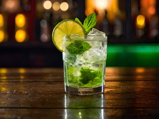 Mojito in a Bar: A refreshing mojito cocktail, complete with a lime wedge, fresh mint, and ice, stands ready for enjoyment on a rustic wooden bartop.