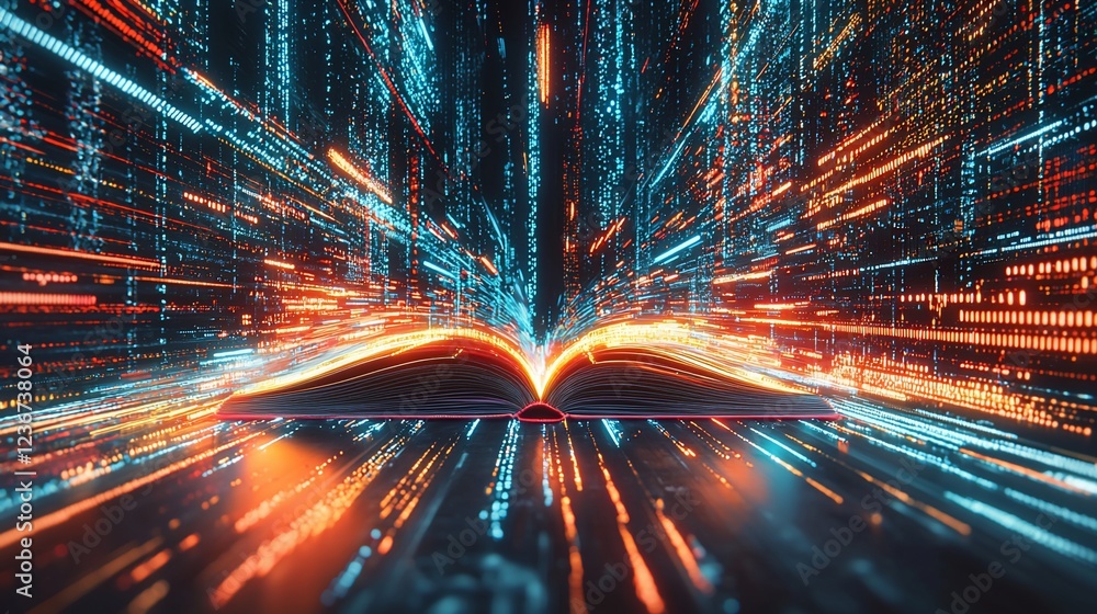 Poster Open book glowing with digital data streams.