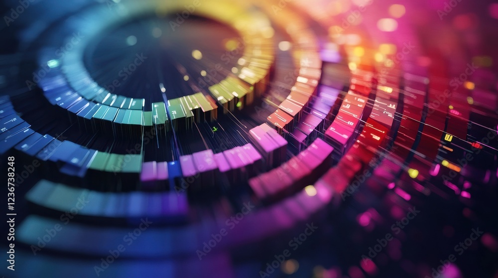 Poster a colorful data visualization featuring a circular chart with dynamic segments.
