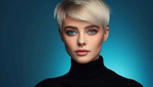 Portrait einer sch&ouml;nen 20-j&auml;hrigen Frau mit extrem kurzem blonden Haar und schwarzem Rollkragenpullover