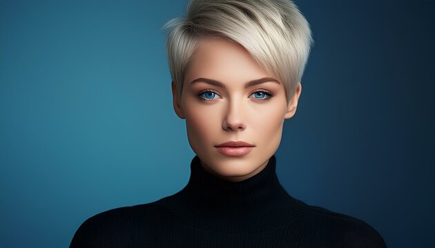 Portrait einer sch&ouml;nen 20-j&auml;hrigen Frau mit extrem kurzem blonden Haar und schwarzem Rollkragenpullover