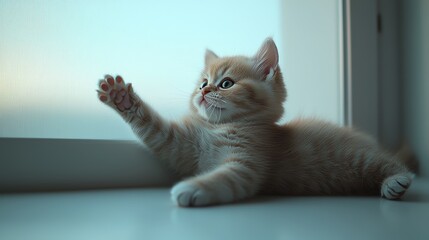 Fototapeta premium Cute Kitten Reaching for the Windowsill Cozy Home Animal Photography Soft Lighting Adorable Perspective Playful Concept