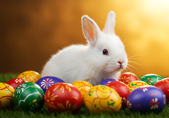 Whimsical Easter Delight: The Enchanting Bunny and Its Colorful Eggs, Generative AI.