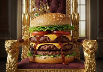 Burger with a crown on a royal chair