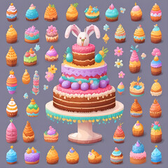 Festive Easter cake with icing and chocolate eggs on a wooden plate. Colorful illustration on a pink background in pixel style.