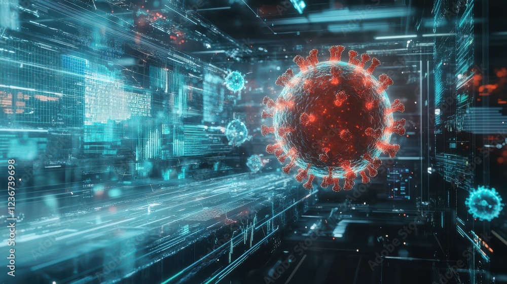 Aufkleber a digital representation of a virus amidst futuristic technology, showcasing data visualization and 