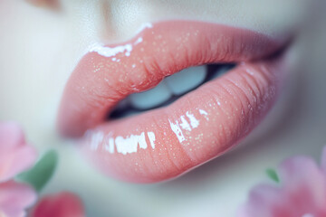 Soft pink lips adorned with flowers create a dreamy, romantic atmosphere in a close-up shot