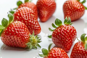 Numerous ripe strawberries are neatly placed on a white surface, showcasing their bright red color and green leafy tops, perfect for a healthy snack or dessert decoration