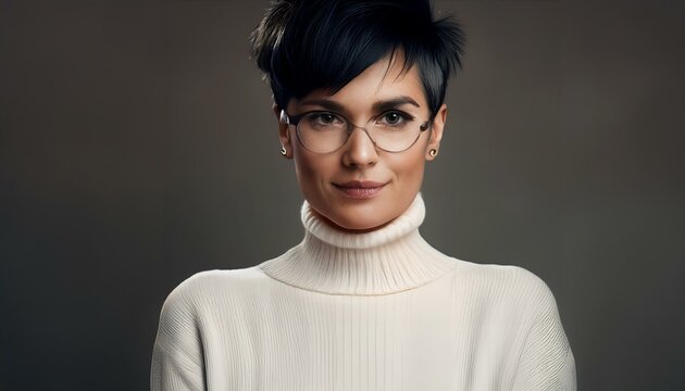 Fotorealistisches Studio-Portrait einer sch&ouml;nen 18-j&auml;hrigen Frau mit kurzem schwarzem Haar.