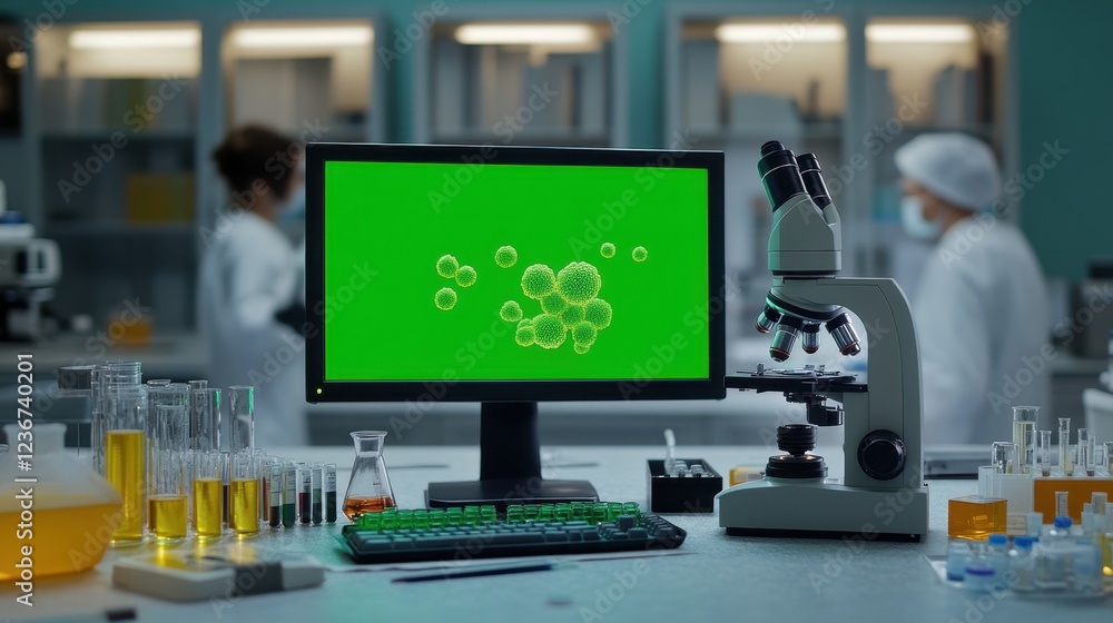 Poster desktop computer with a green screen mock-up display on a table, microscope, test tubes with biologi