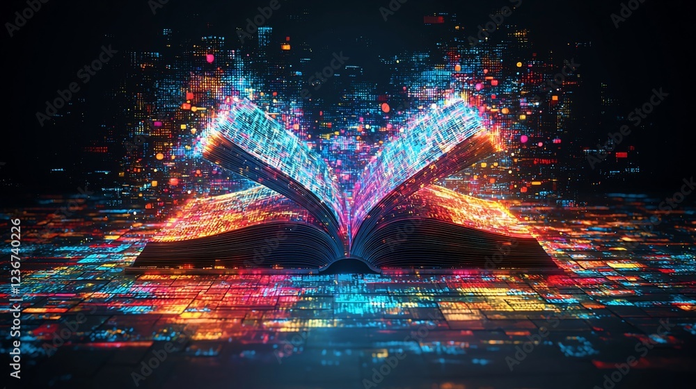 Aufkleber open book with digital data particles emanating from its pages, glowing brightly in vibrant colors a