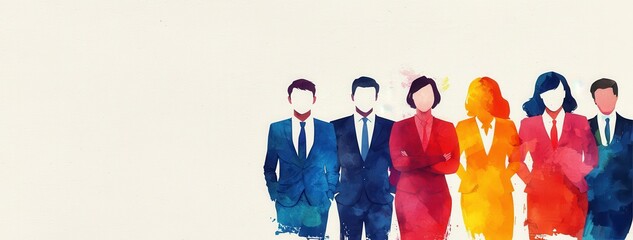 Obraz premium A colorful watercolor illustration of six diverse business professionals standing together in formal attire against a light background.