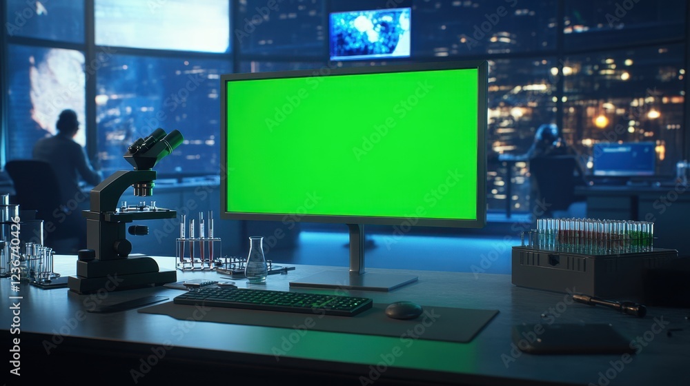 Poster desktop computer with a green screen mock-up display on a table, microscope, test tubes with biologi