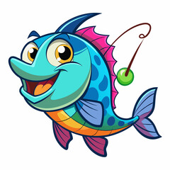 Cute Cartoon Fish with Big Eyes Chasing a Colorful Fishing Lure in a Playful Illustration