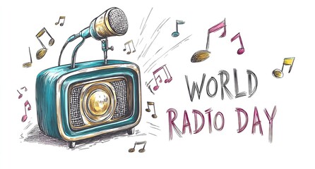 Vintage radio and microphone with doodle style, graffiti text for World Radio Day on a white background