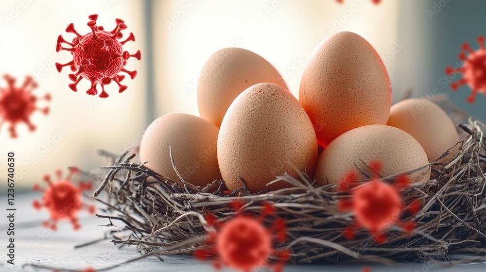 Poster bird flu concept, nest of eggs surrounded by glowing red particles in a soft light setting