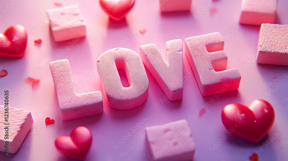 Fototapete the word 'love' spelled out using various alphabet blocks, arranged creatively on a soft pink backgr