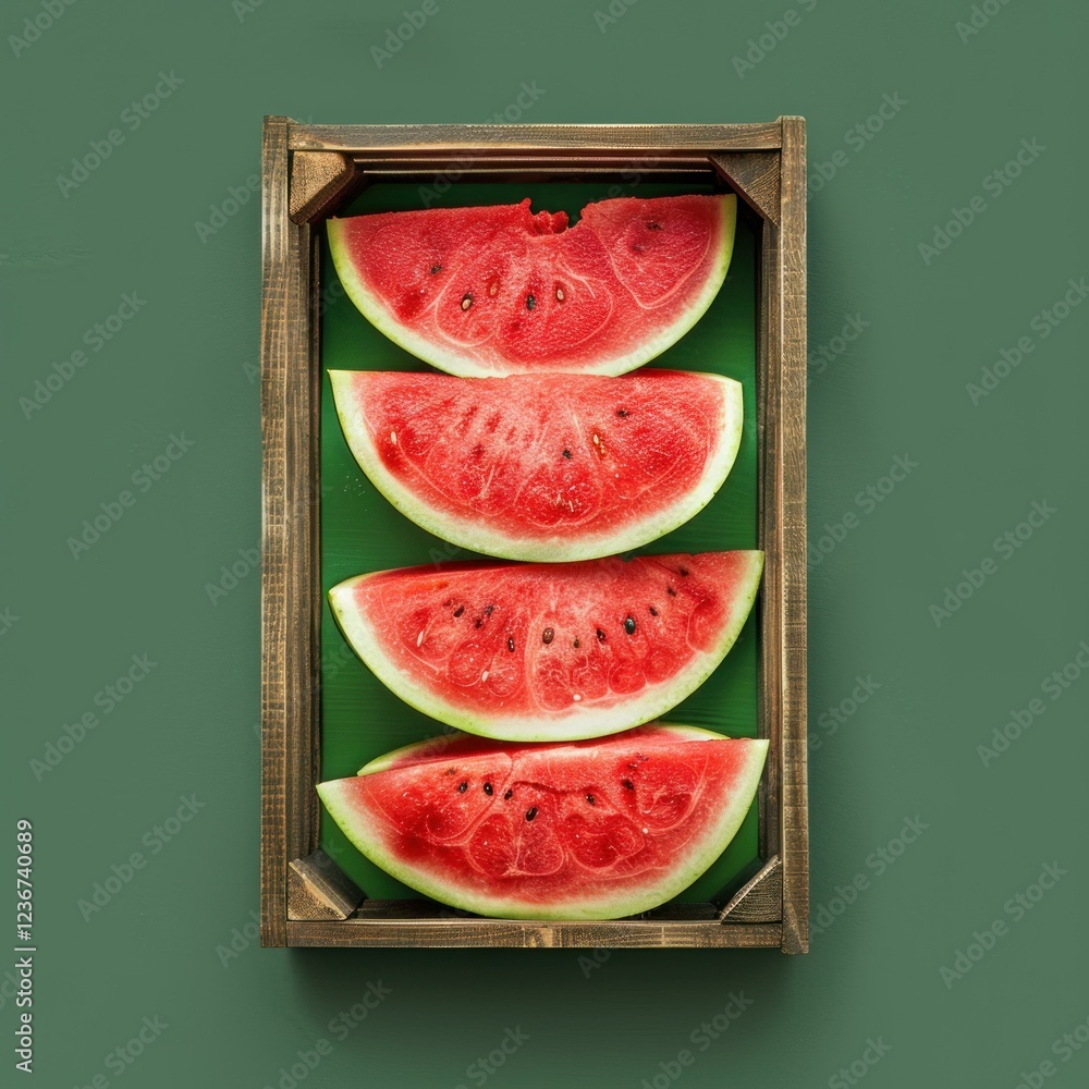 Poster ripe watermelon slices are neatly placed in a wooden crate, creating a vibrant display against a gre