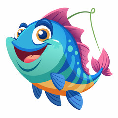Cute Cartoon Fish with Big Eyes Chasing a Colorful Fishing Lure in a Playful Illustration