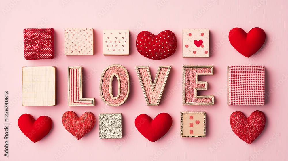 Fototapete the word 'love' spelled out using various alphabet blocks, arranged creatively on a soft pink backgr