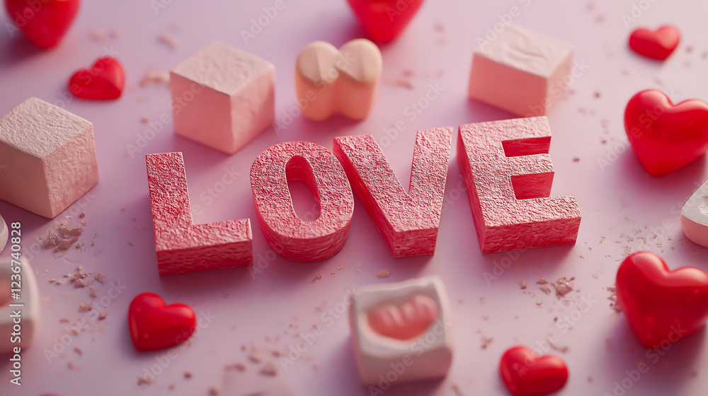 Fototapete the word 'love' spelled out using various alphabet blocks, arranged creatively on a soft pink backgr