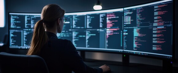 A focused individual analyzes data on multiple screens, showcasing a high-tech environment filled with programming code and digital information.