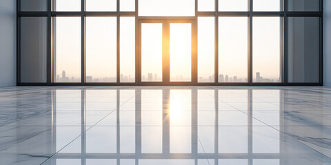 A large window with a city view and a door in the background