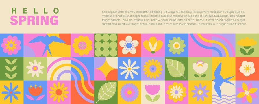 Hello spring geometric banner with elements of season, flowers,leaves, birds and place for text. Trendy template for spring season poster, flyer, web, social media,greeting, invitations. Vector
