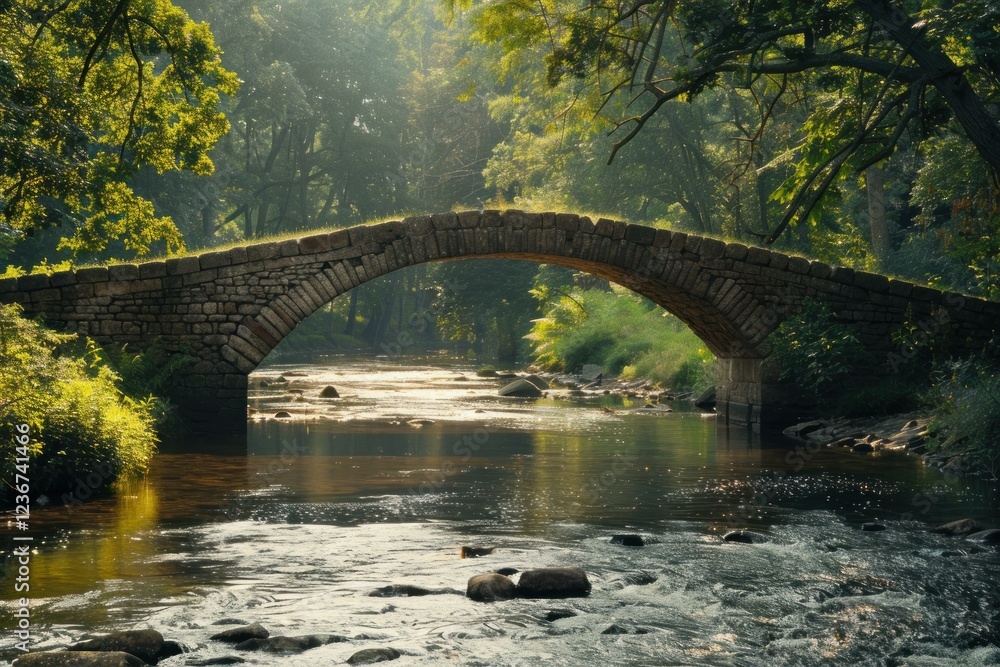 Poster sunlight filters through trees illuminating an old stone bridge arching over a gently flowing river 