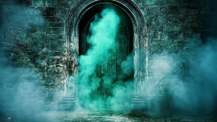 Mysterious glowing doorway surrounded by swirling mist in an ancient stone structure at twilight