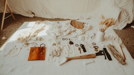 Flat Lay Arrangement of Natural Textiles and Accessories on Surface