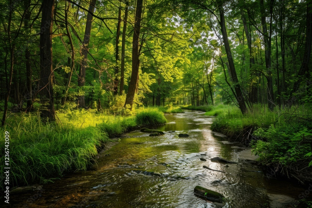 Poster sunlight filters through trees illuminating a pristine river flowing through a vibrant green forest 