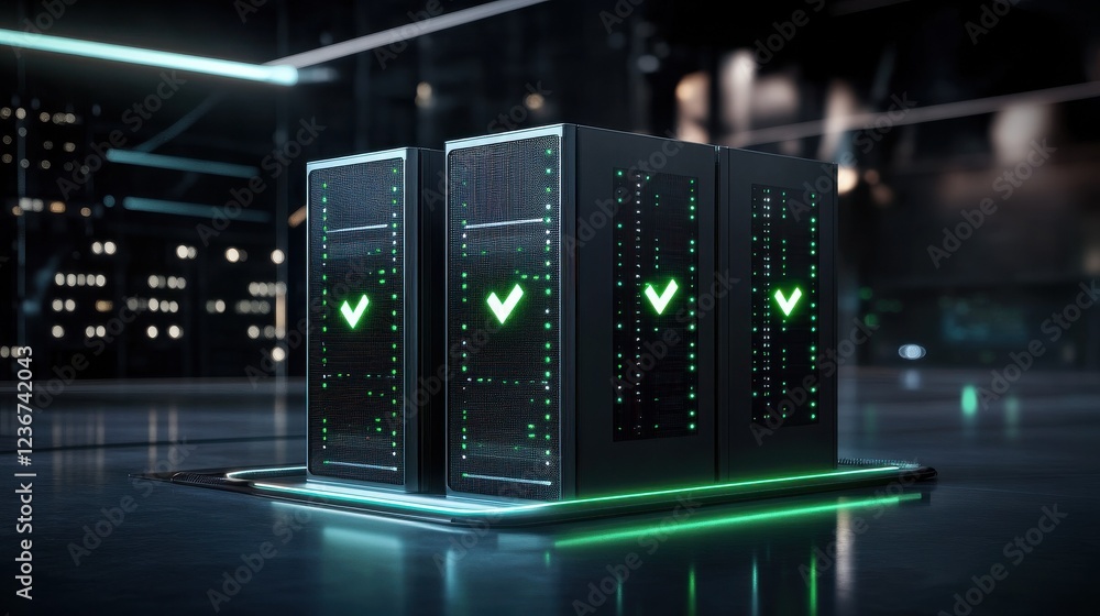 Aufkleber a futuristic data center with illuminated servers, featuring green checkmarks indicating successful 