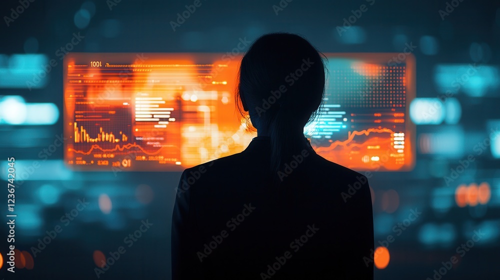 Aufkleber a silhouette of a person stands before a glowing screen filled with data and graphs, depicting a hig