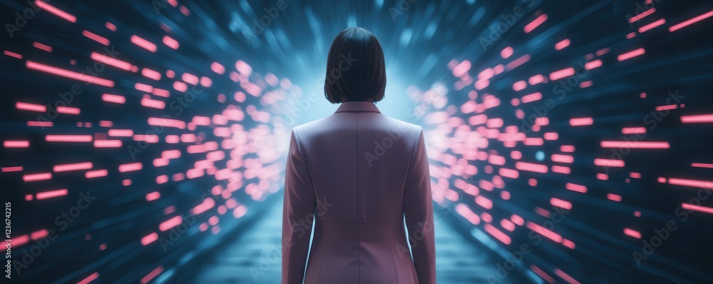 Aufkleber a figure stands before a vibrant tunnel of light, suggesting a journey into a futuristic or digital 