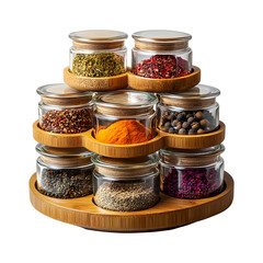 Compact Spice Racks with Rotating Bases and Clear Glass Isolated on Transparent Background