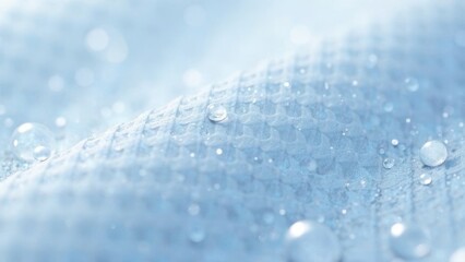 A piece of fabric with water droplets on it. The droplets are scattered all over the fabric, creating a sense of movement and fluidity. The blue color of the fabric