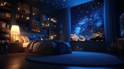 A bedtime setting with a star projector illuminating the room as a parent tells a story