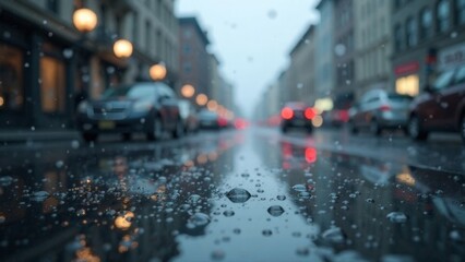 A blurry image of a city street with cars and a few pedestrians. The image has a moody and somewhat melancholic feel to it, as the rain has created a reflective surface on the road