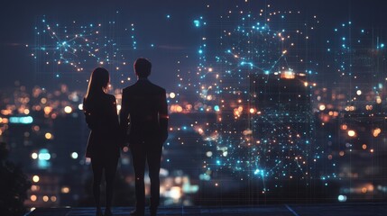 Innovative business connections. glowing icons representing b2b concepts over a night cityscape