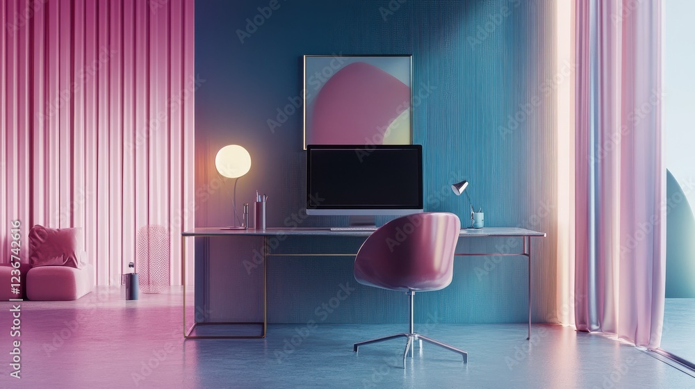 Poster stylish designer desktop with empty computer screen. workplace concept. mock up. 3d rendering