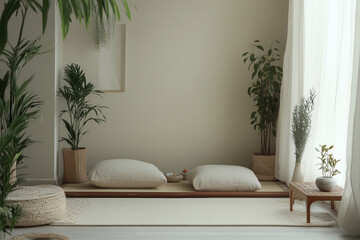 a tranquil meditation corner featuring a soft mat, cushions, and candles, surrounded by indoor plants to create a calming atmosphere.