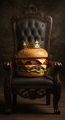 Burger with a crown on a royal chair