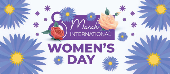 Happy International Women's Day March 8 Banner Vibrant Floral Design for Celebrating Women and Equality. Colorful Women's Day Wishes Background, Greeting Card, Web, Flyer, 8th March Holiday Concept